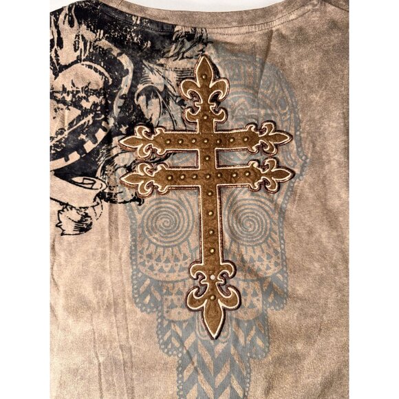 Franky Max XL Taupe Long Sleeve Distressed Cross all over Graphic Tee affliction - Picture 8 of 10